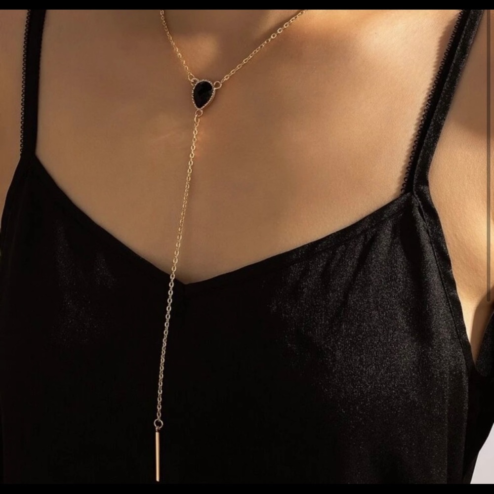Gold Y necklace with black crystal